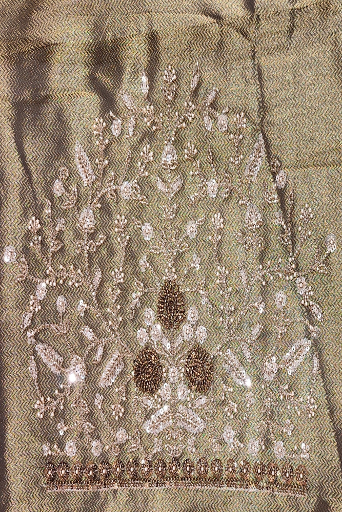 Golden Brown Tissue Kanjeevaram Silk Sarees With Embroidery Work, With Unstiched Blouse