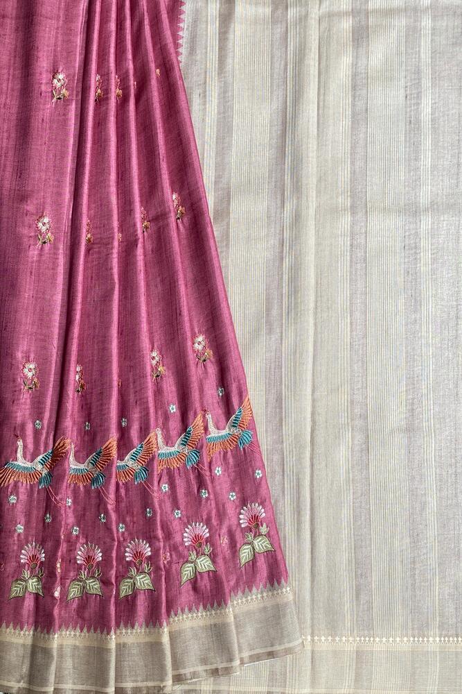 Onion Pink Tussar Cotton Resham Work Saree, With Unstiched Blouse