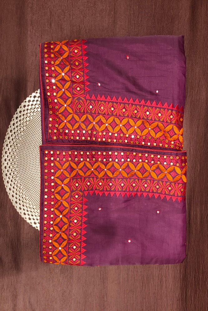 Deep Purple Semi Munga Silk Cross Stitch Work Saree, With Unstiched Blouse