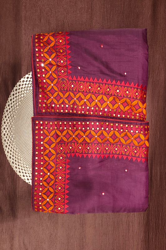 Deep Purple Semi Munga Silk Cross Stitch Work Saree, With Unstiched Blouse
