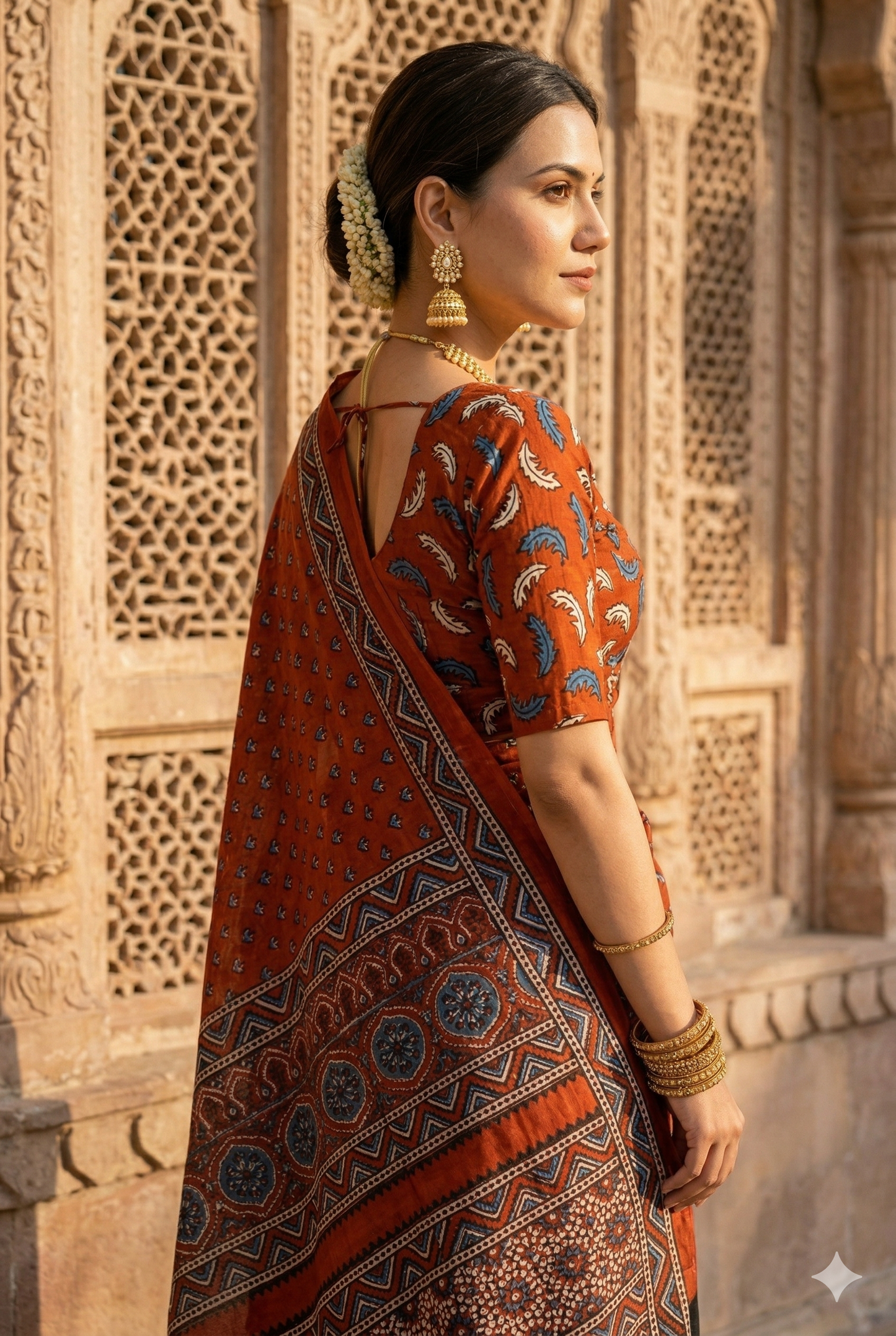 Red Pure Modal Silk Ajrakh Printed Saree With Unstiched Blouse