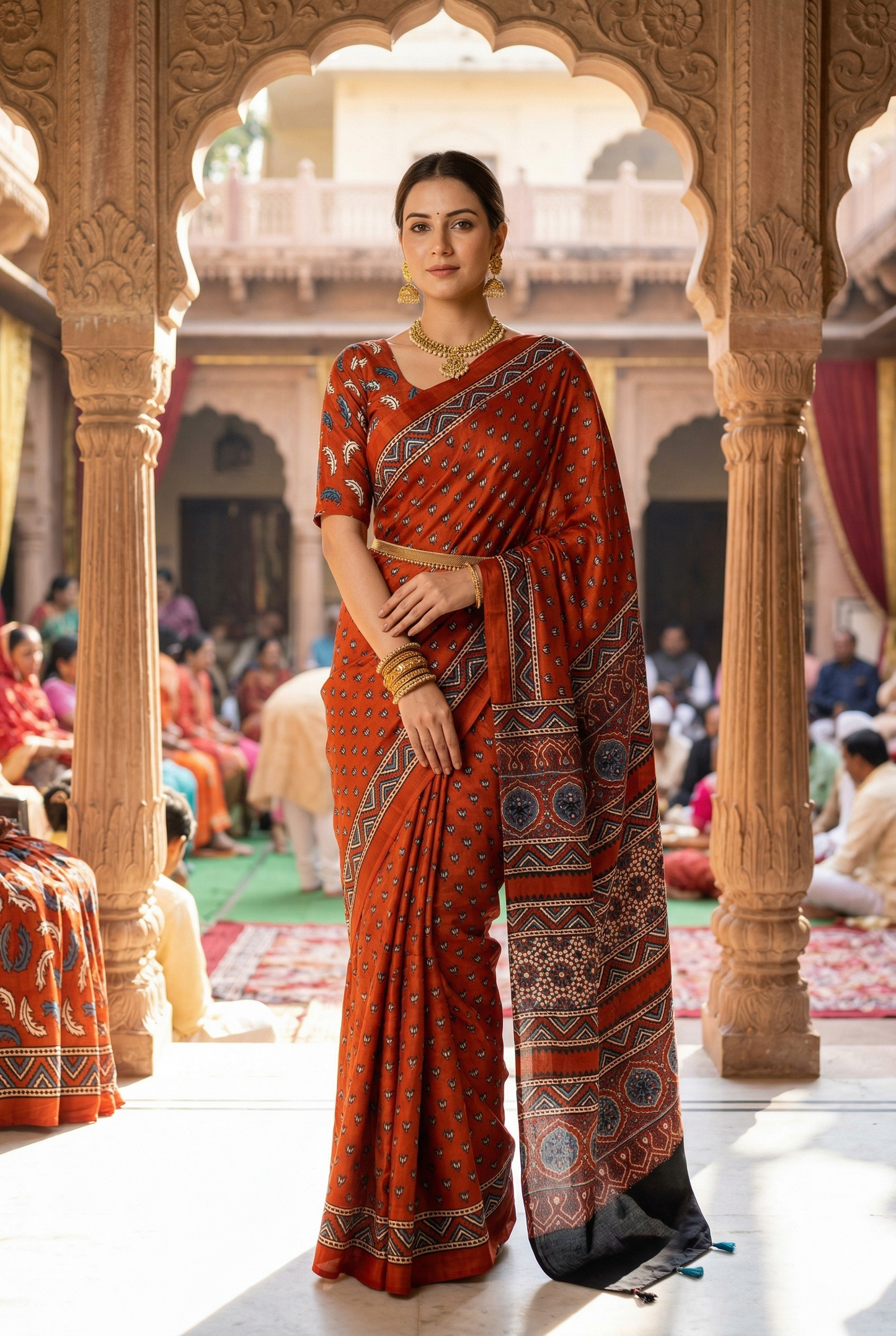 Red Pure Modal Silk Ajrakh Printed Saree With Unstiched Blouse