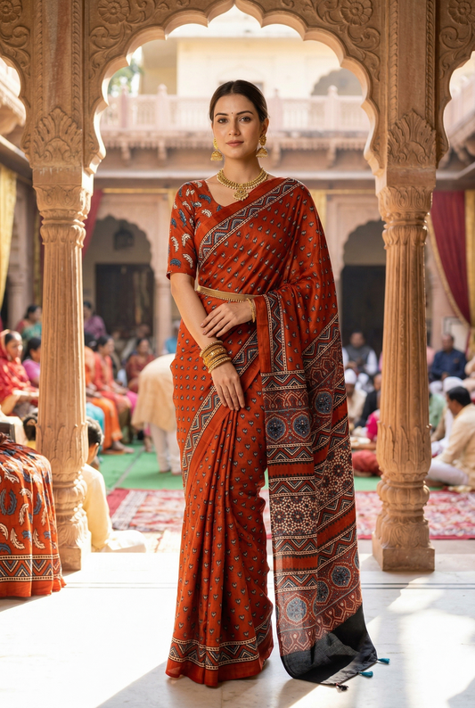 Red Pure Modal Silk Ajrakh Printed Saree With Unstiched Blouse