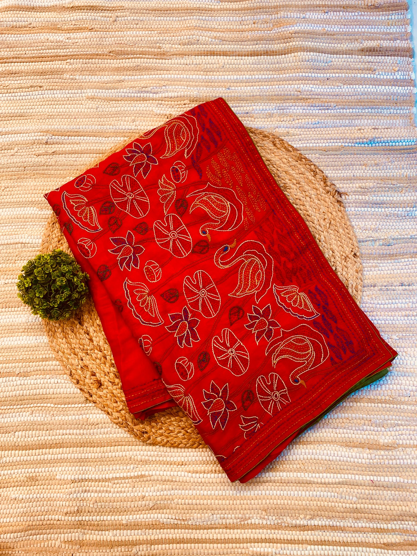 Maroon Semi Munga Silk French Knot Hand Embroidery Work Saree, With Unstiched Blouse