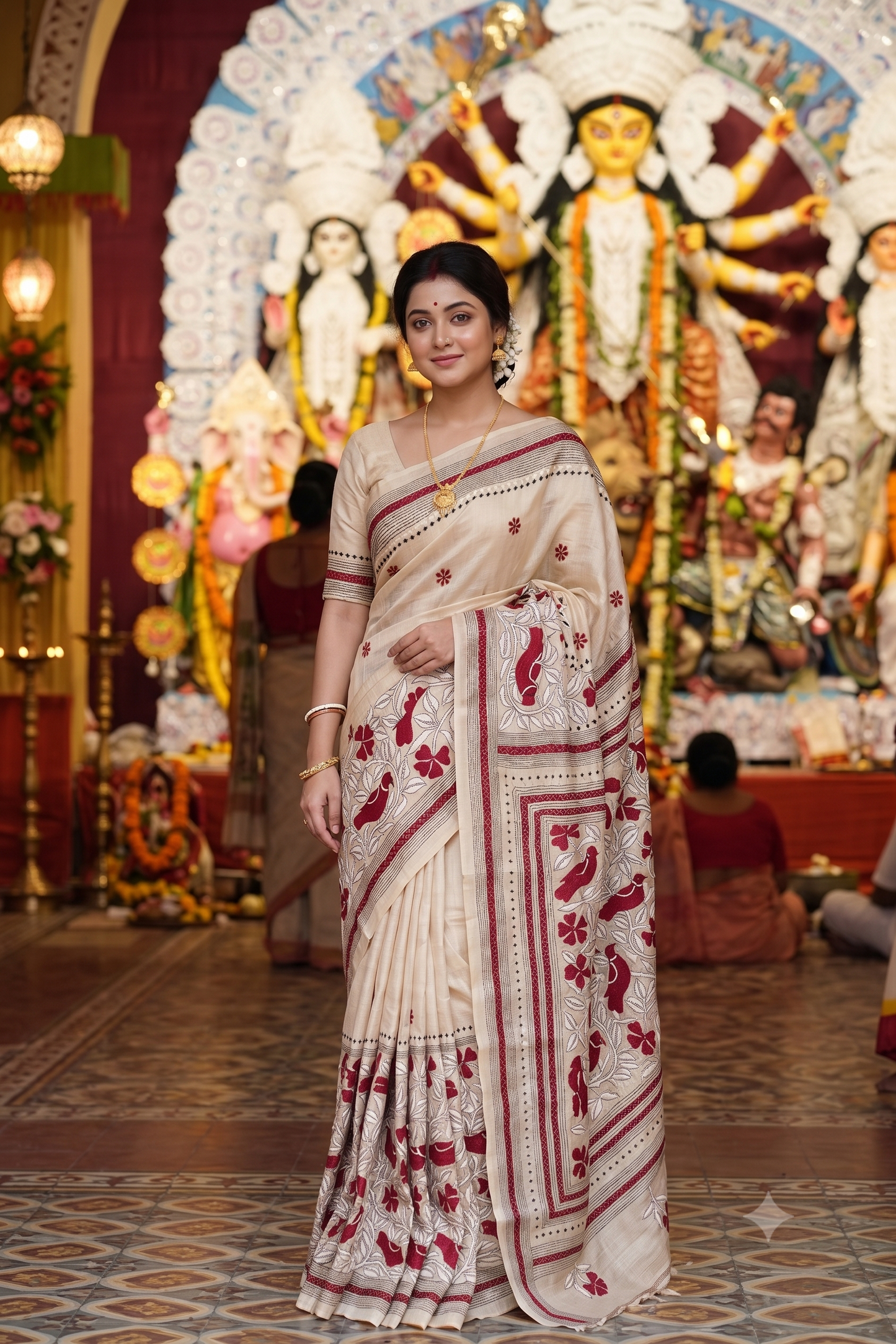 Off-White Tussar Embroidery Saree With Kantha Work Border, With Unstitched Blouse