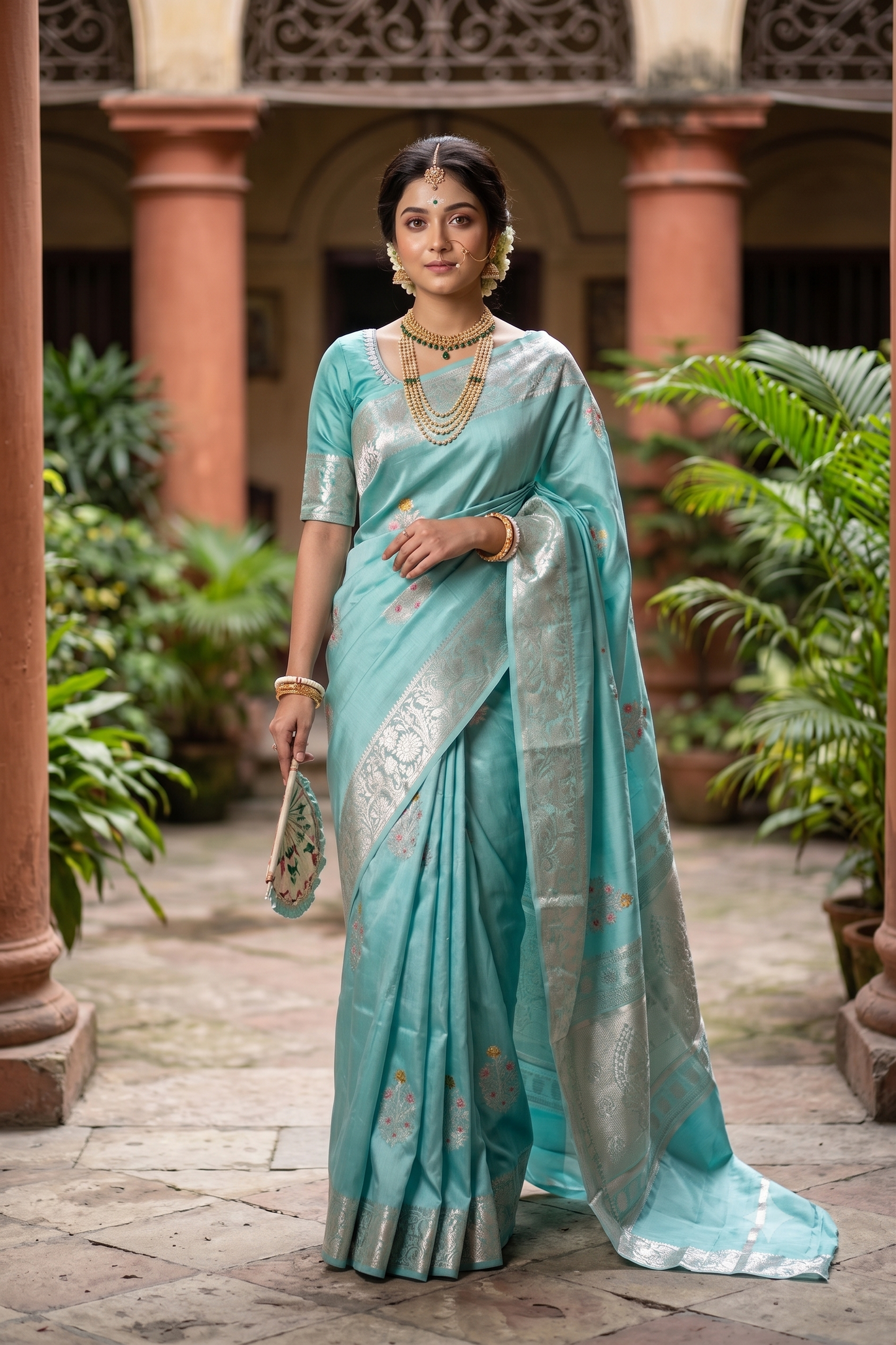 Sky Chiniya Silk Saree Hand Woven Butas, With Unstiched Blouse