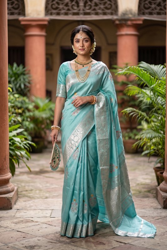 Sky Chiniya Silk Saree Hand Woven Butas, With Unstiched Blouse