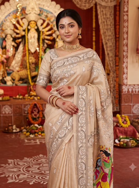Beige Tussar Embroidery Saree With Kantha Work Border, With Unstitched Blouse