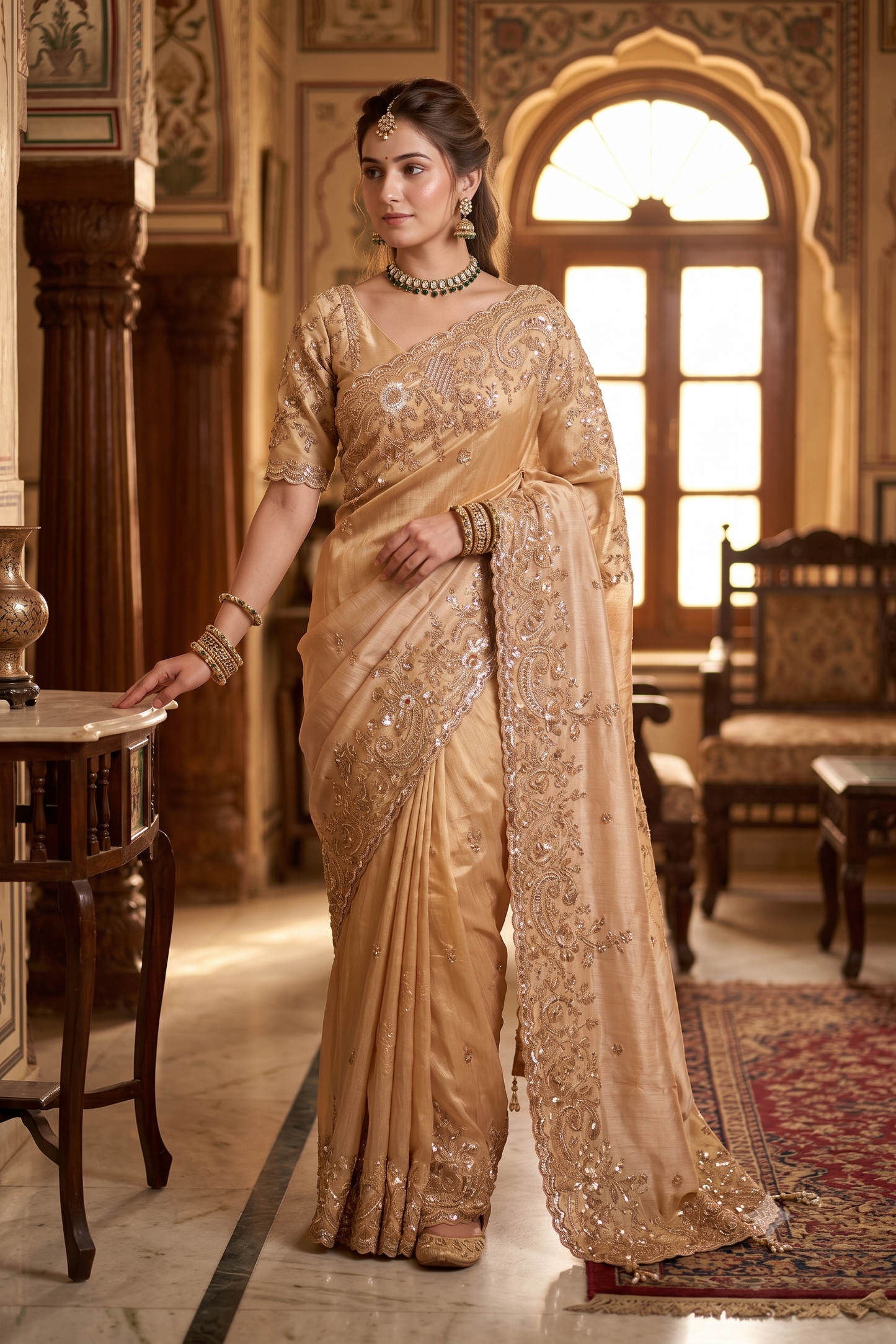 Golden Tissue Kanjeevaram Silk Sarees With Embroidery Work, With Unstiched Blouse