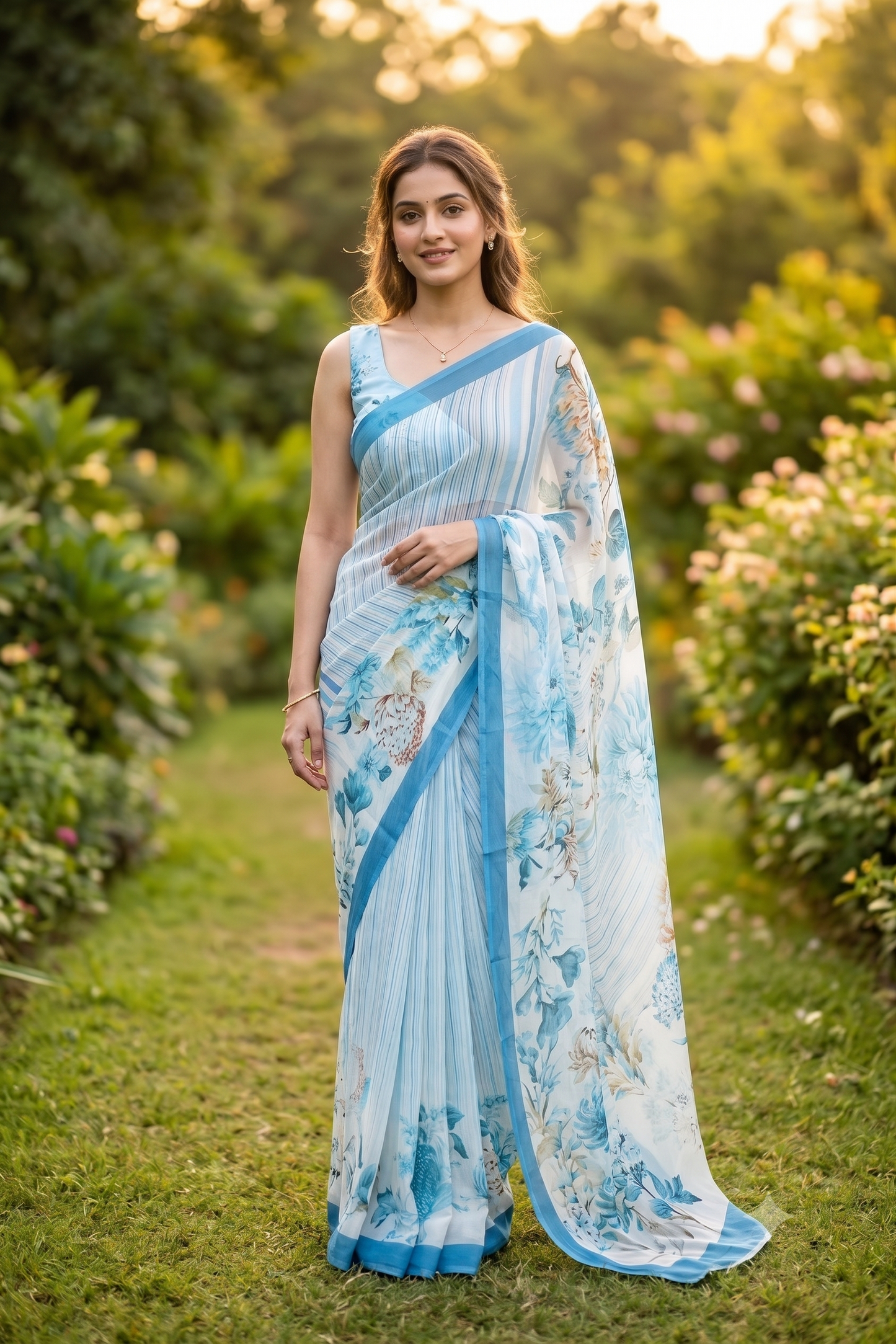 Off-White Sky Floral Printed Chiffon Saree, With Unstiched Blouse Piece