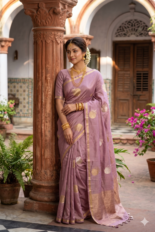 Purple Mashru Silk Banarasi Handloom Saree, With Unstiched Blouse