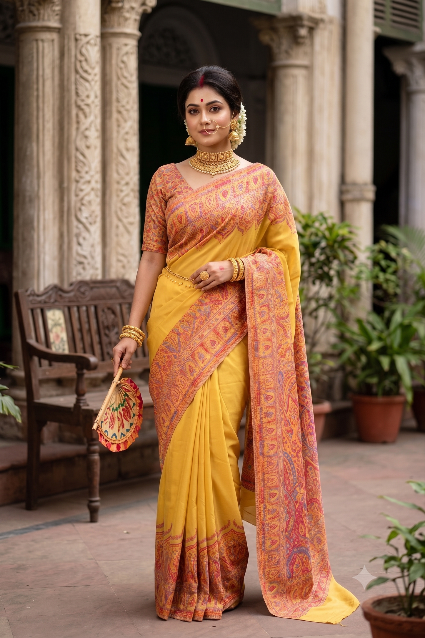 Mustard Yellow Pure Kani Handloom Silk Saree With Floral Woven Blouse