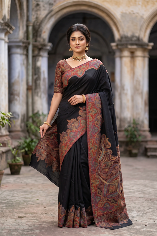 Black pure Kani handloom silk saree with woven blouse, traditional wear featuring intricate patterns and rich texture.