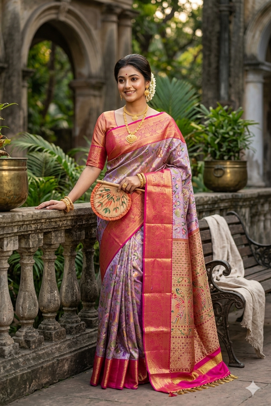 Multi Purple Pure Kanjeevaram Silk Saree, With Unstiched Blouse