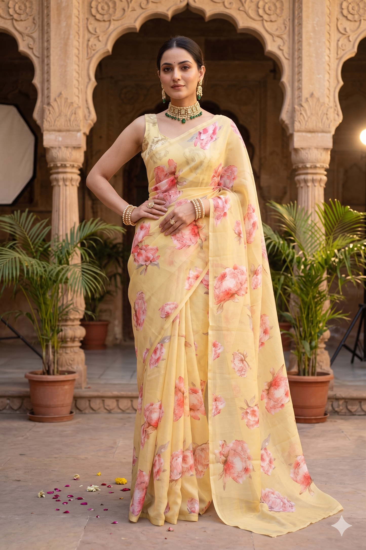 Light Yellow Floral Printed Chiffon Saree, With Unstiched Blouse Piece