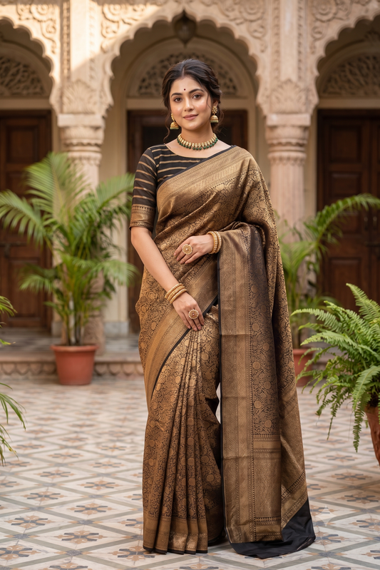 Black Brocade Kora Banarasi Silk Saree, With Unstiched Blouse