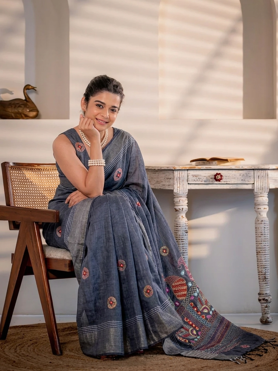 Deep Blue Linen Silk Saree Hand Embroidered Work, With Unstiched Blouse