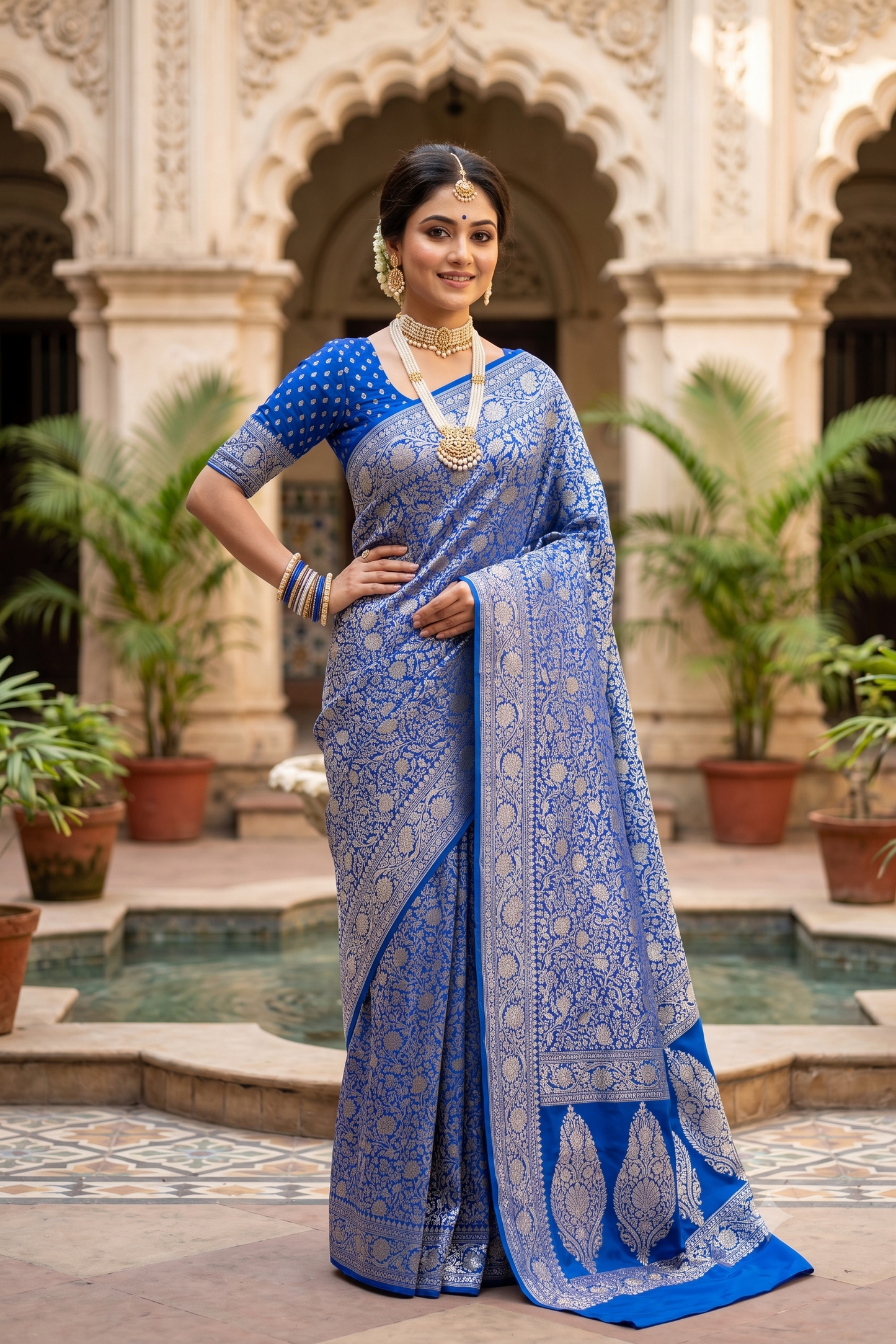 Indigo Blue Crepe Khaddi Banarasi Silk Saree With Unstiched Blouse