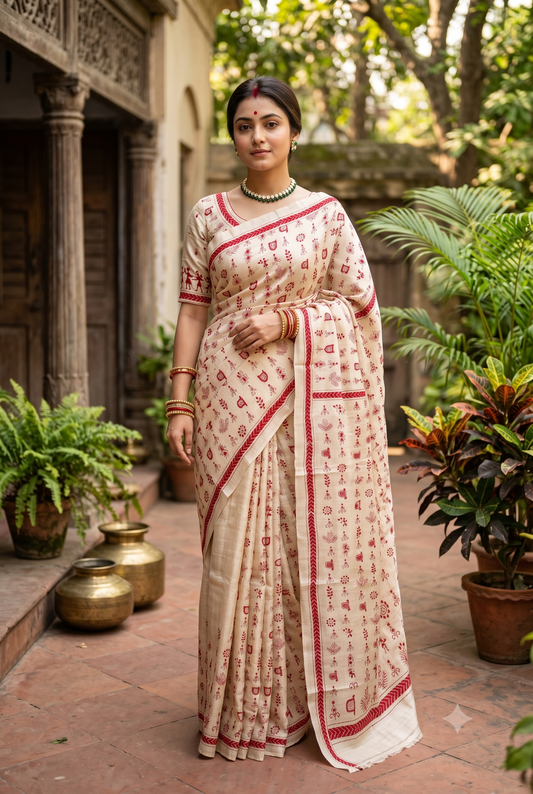 Off-White Tussar Embroidery Saree With Kantha Work Border, With Unstitched Blouse