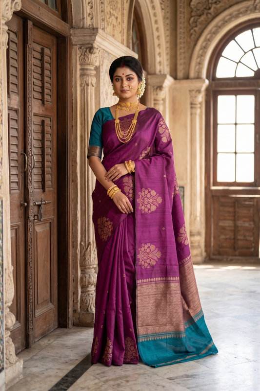 Deep Purple Pure Raw Tussar Banarasi Silk Saree, Hand Woven Motifs With Unstiched Blouse