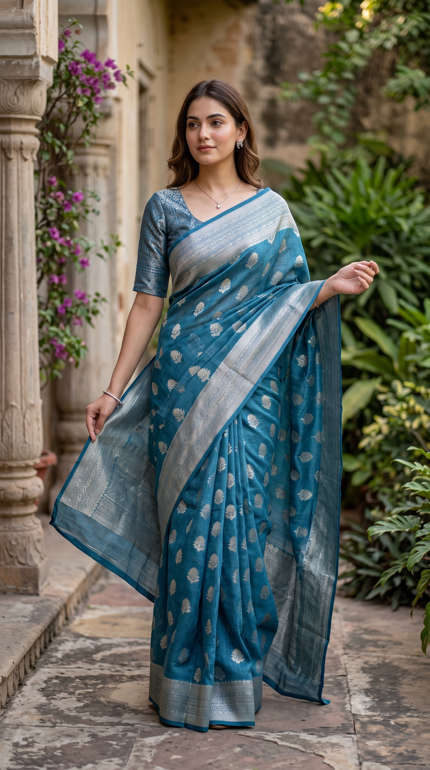 Teal Blue Linen Banarasi Saree With Unstiched Blouse