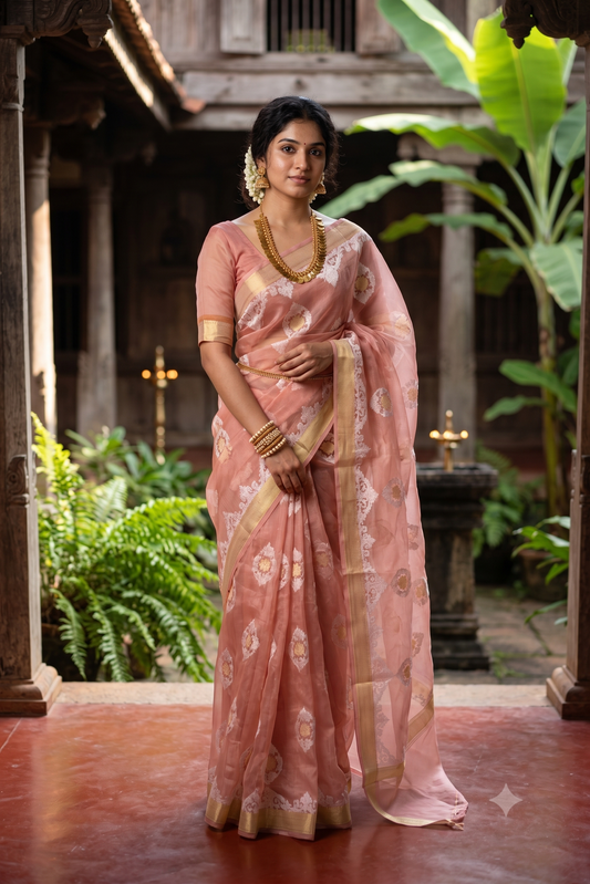 Peach Muslin Jamdani Saree, With Unstiched Blouse