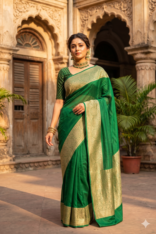 Deep green Mysore crepe silk Banarasi saree with intricate gold zari work and unstiched blouse, traditional wear by Saarang Sarees.