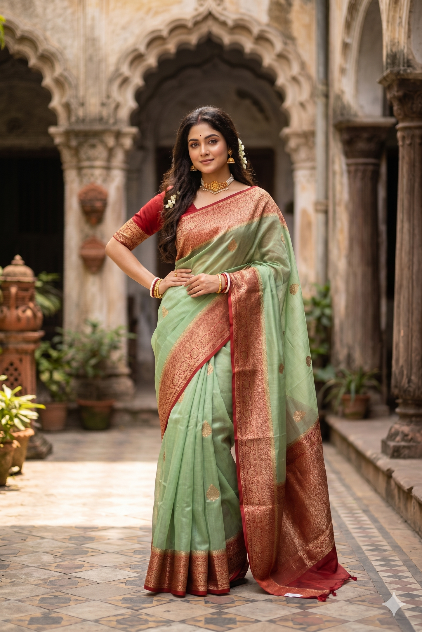 Pista Green Kora Banarasi Silk Saree, With Unstiched Blouse