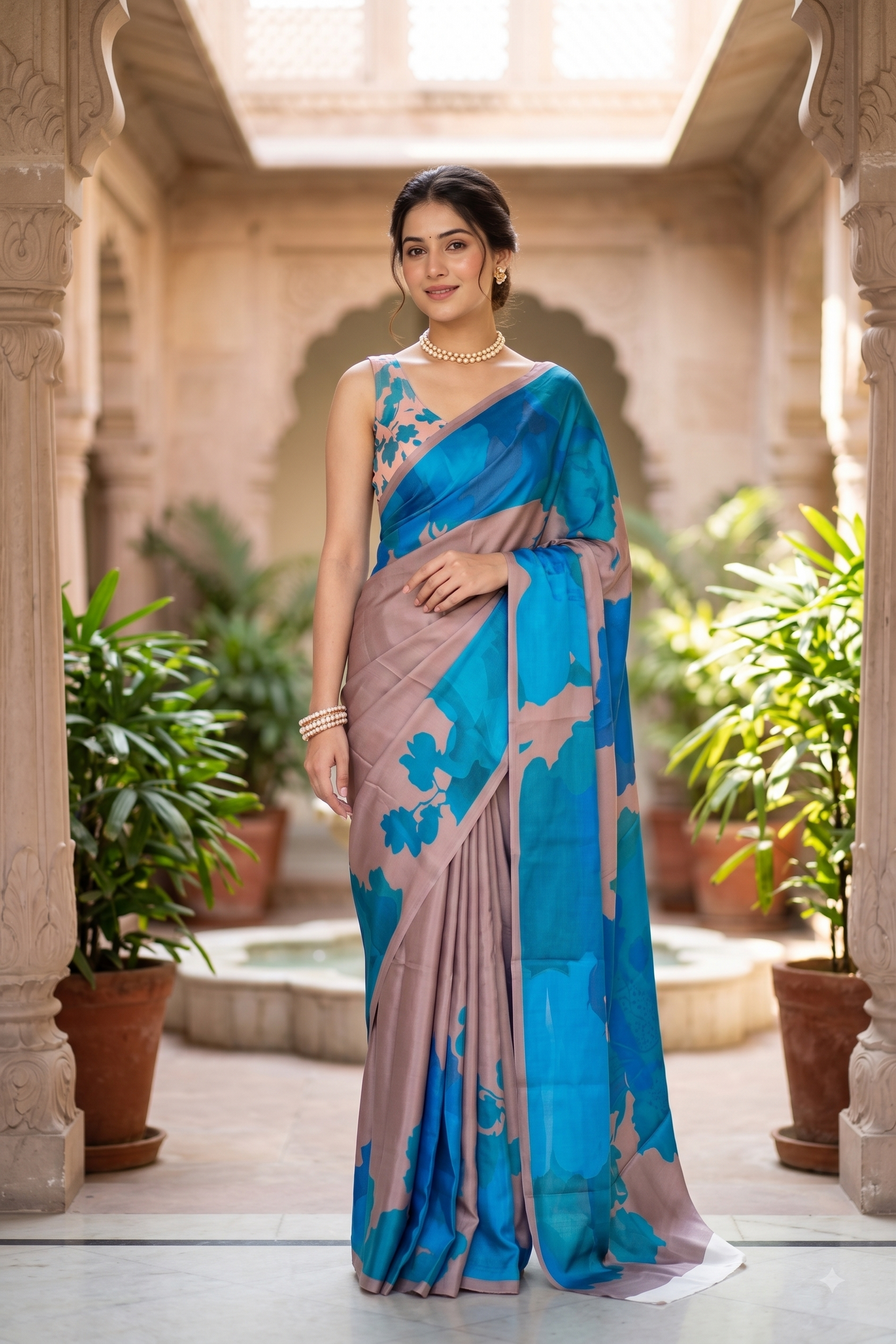 Dusty Rose & Blue Floral Printed Satin Crepe Saree, With Unstiched Blouse