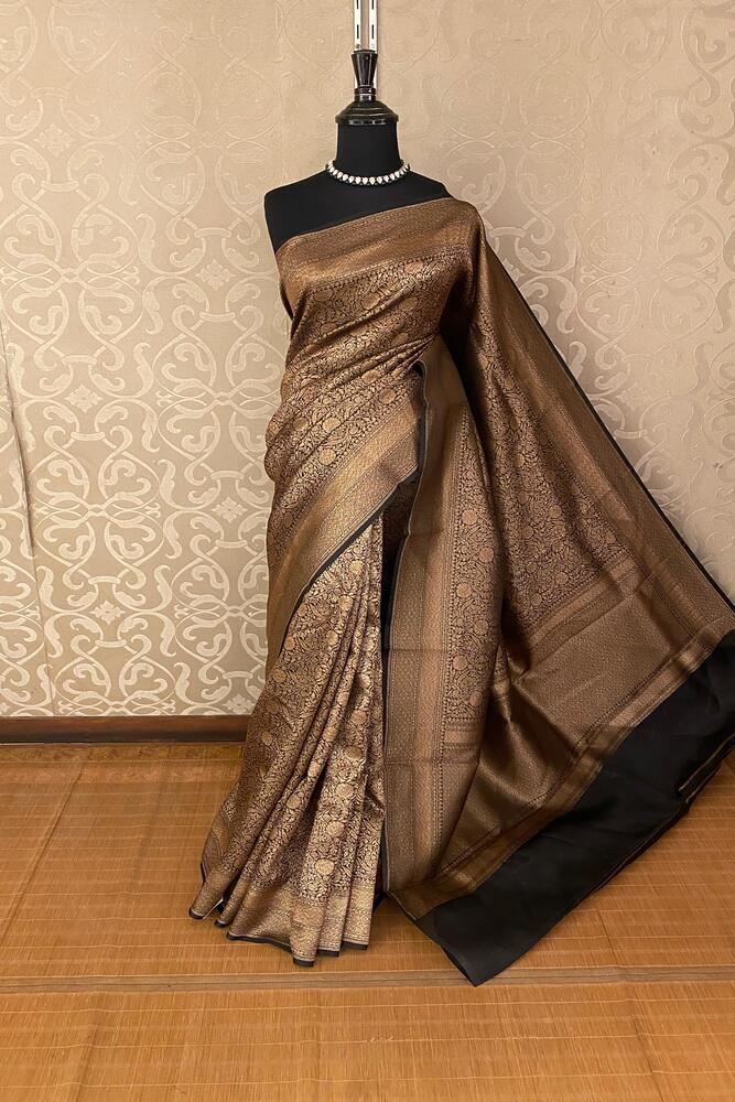 Black Brocade Kora Banarasi Silk Saree, With Unstiched Blouse