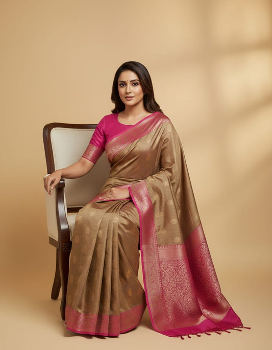 Deep beige Munga Banarasi silk saree with intricate gold zari work, paired with an unstiched blouse for traditional wear.
