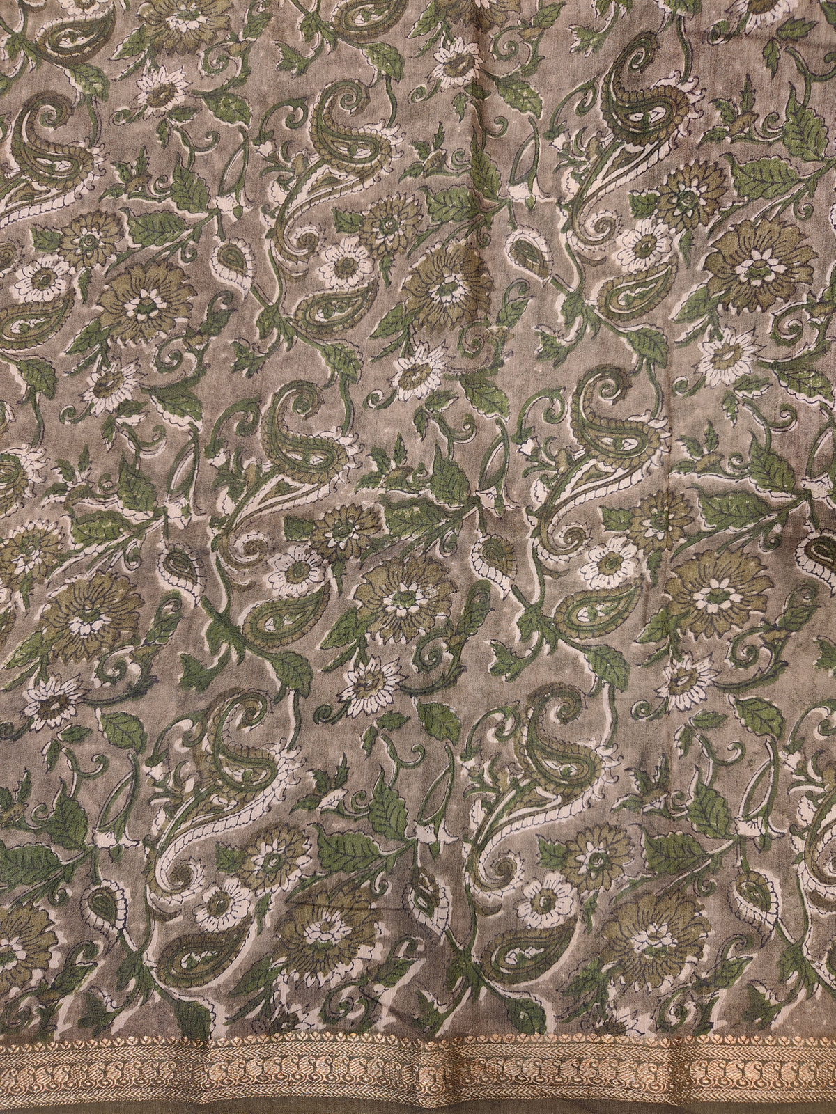 Olive Green Munga Silk Printed Saree With Kantha Work, With Unstich Blouse