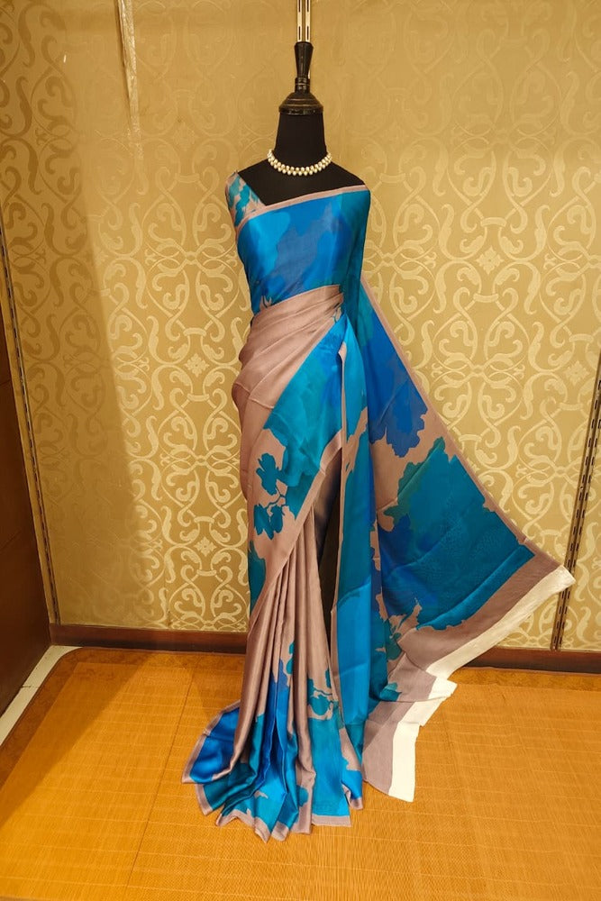 Dusty Rose & Blue Floral Printed Satin Crepe Saree, With Unstiched Blouse