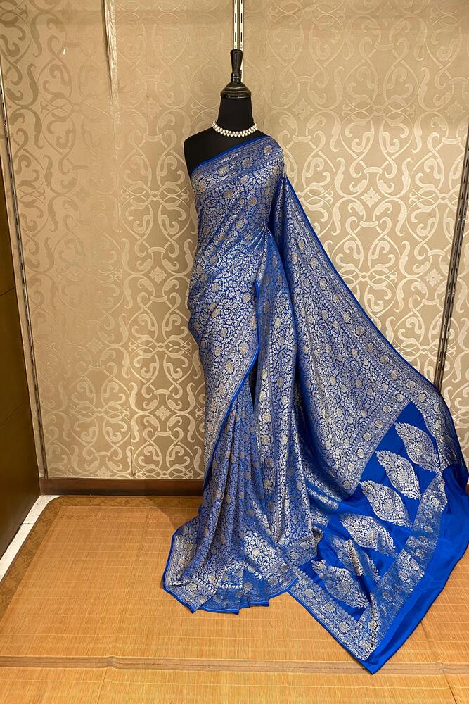 Indigo Blue Crepe Khaddi Banarasi Silk Saree With Unstiched Blouse