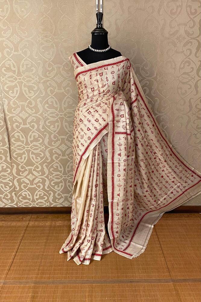 Off-White Tussar Embroidery Saree With Kantha Work Border, With Unstitched Blouse