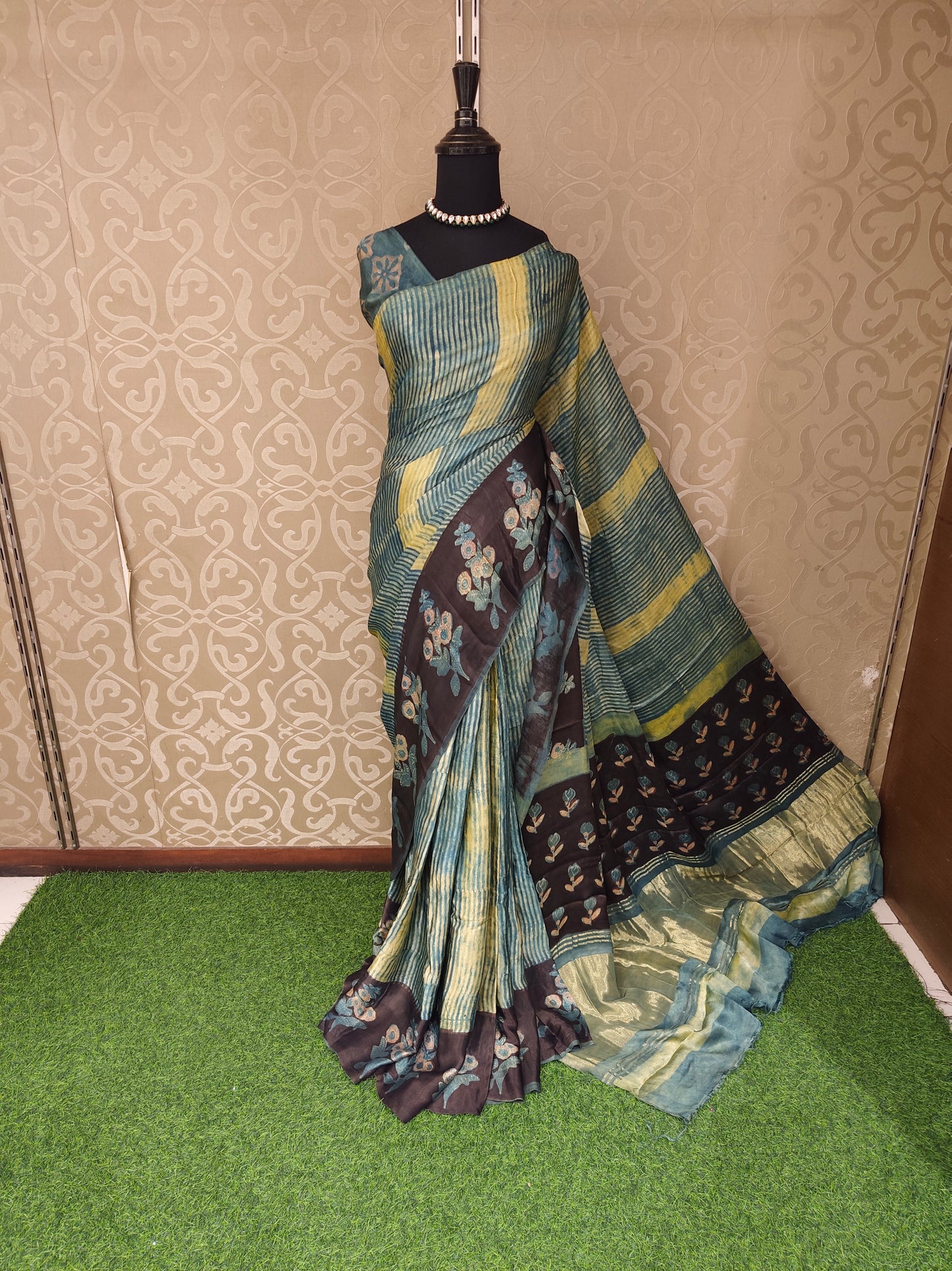 Yellow & Blue Pure Modal Silk Ajrakh Printed Saree With Unstich Blouse