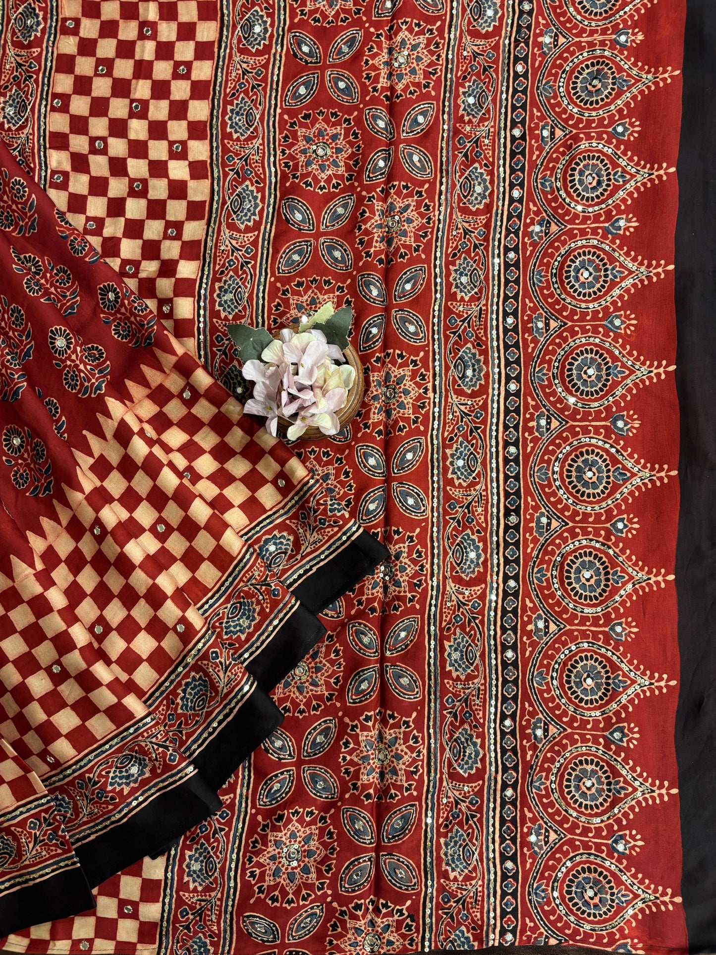 Maroon Pure Modal Silk Ajrakh Printed Saree With Unstiched Blouse