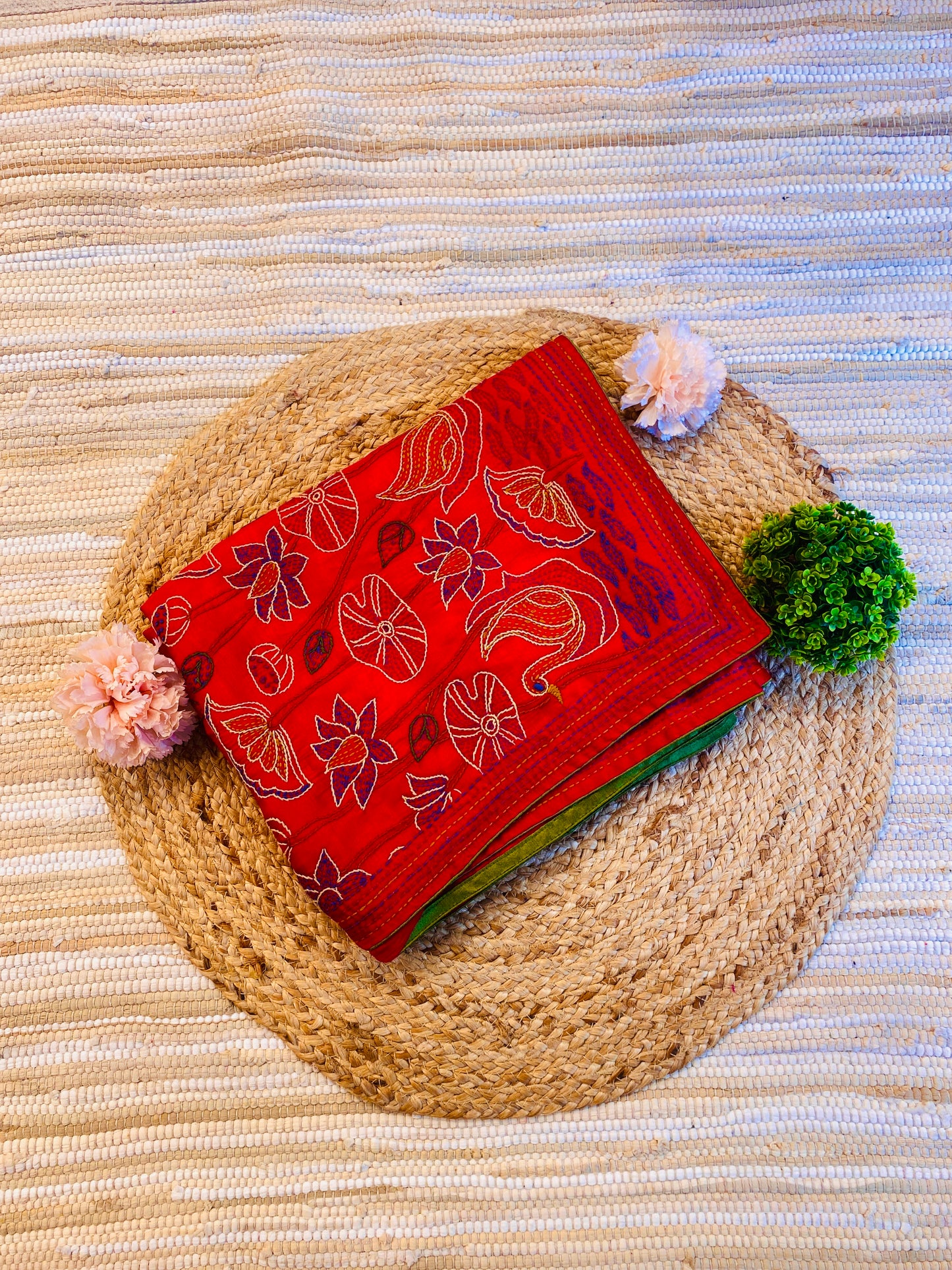 Maroon Semi Munga Silk French Knot Hand Embroidery Work Saree, With Unstiched Blouse
