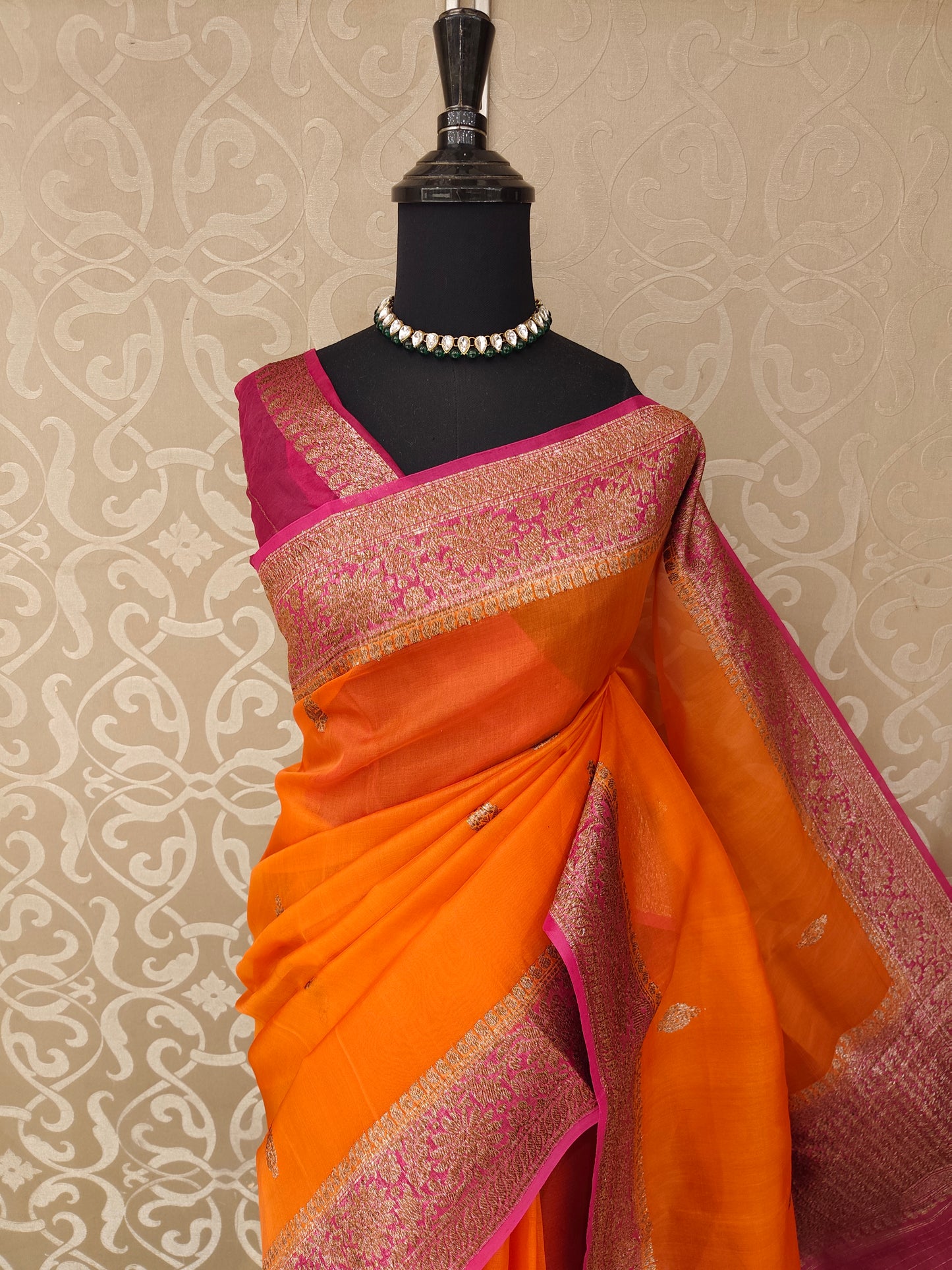 Saffron Kora Banarasi Silk Saree, With Unstiched Blouse