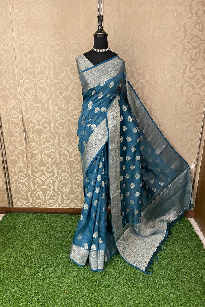 Teal Blue Linen Banarasi Saree With Unstiched Blouse