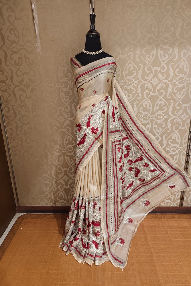 Off-White Tussar Embroidery Saree With Kantha Work Border, With Unstitched Blouse
