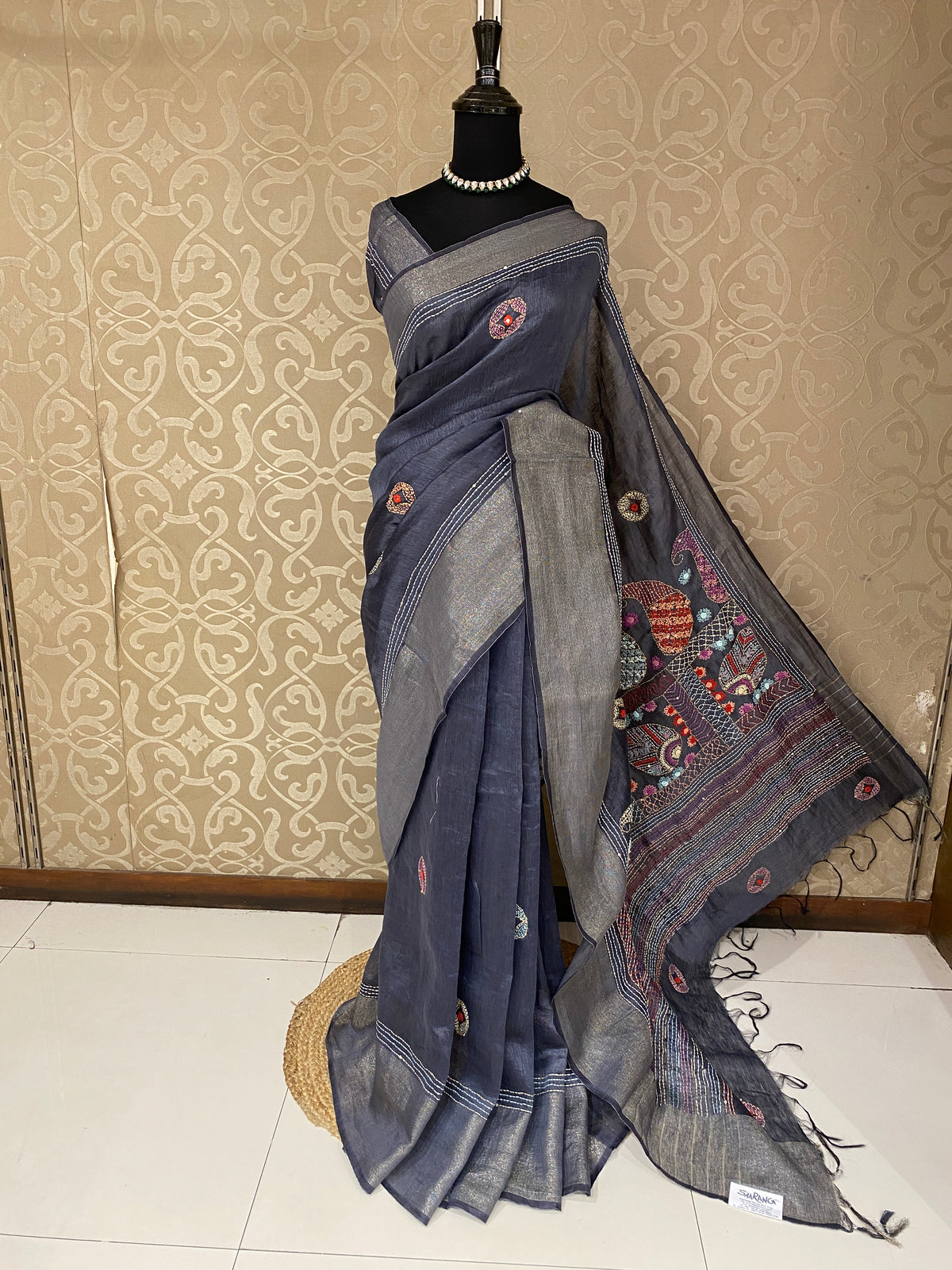 Deep Blue Linen Silk Saree Hand Embroidered Work, With Unstiched Blouse