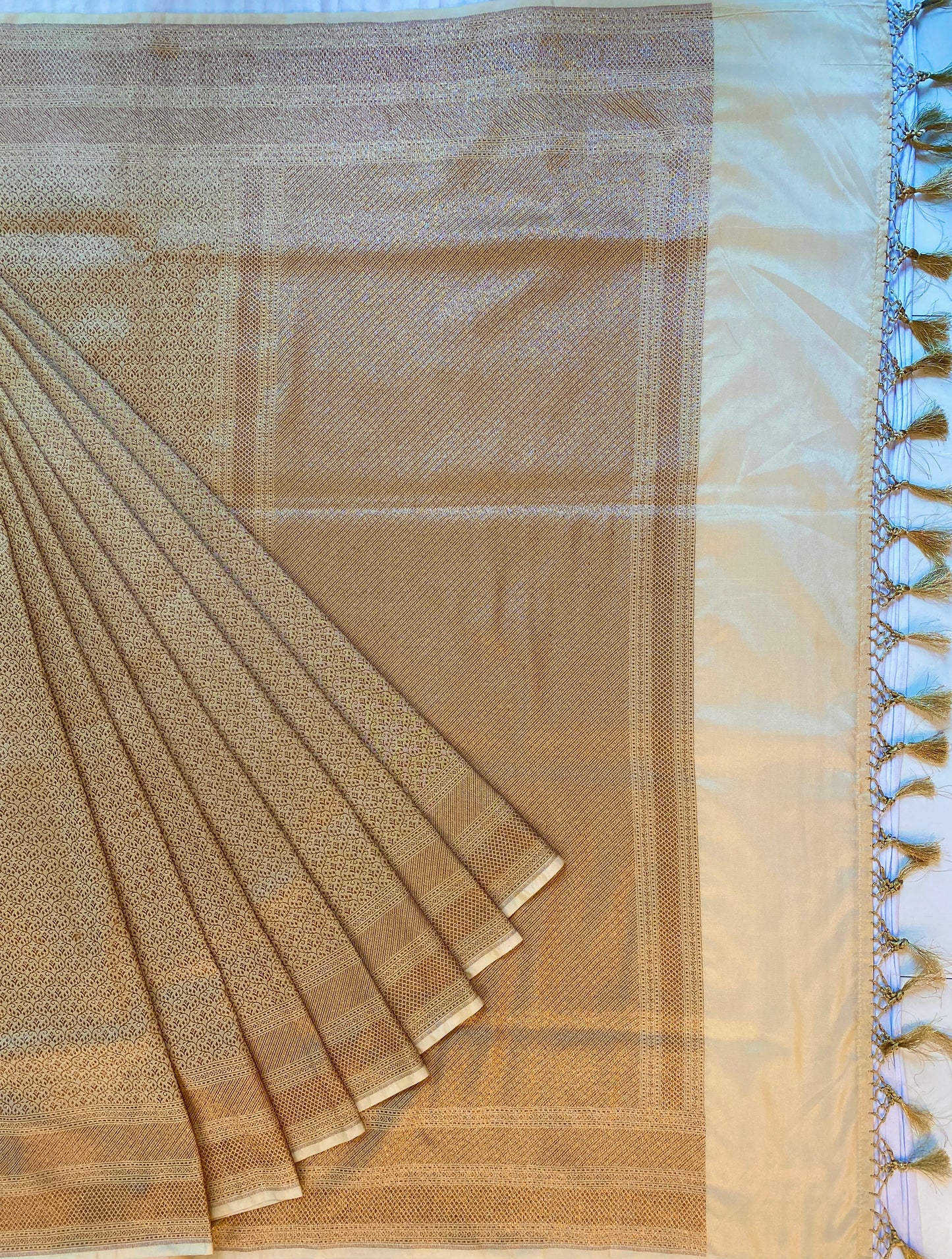 Off-White Semi Katan Brocade Silk Saree, With Unstiched Blouse