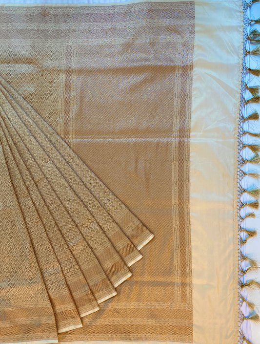 Off-White Semi Katan Brocade Silk Saree, With Unstiched Blouse