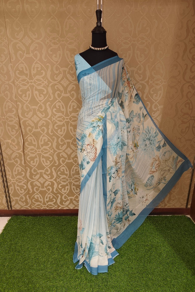 Off-White Sky Floral Printed Chiffon Saree, With Unstiched Blouse Piece