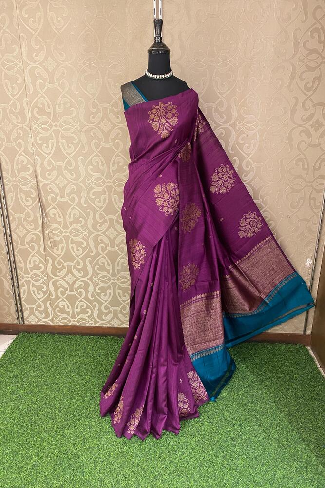 Deep Purple Pure Raw Tussar Banarasi Silk Saree, Hand Woven Motifs With Unstiched Blouse