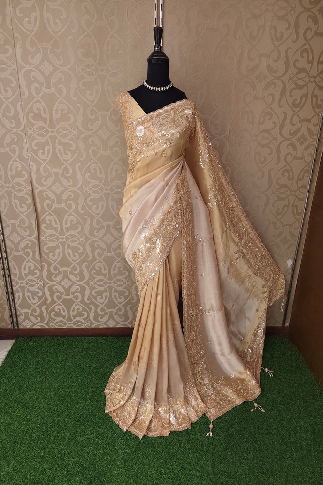 Golden Tissue Kanjeevaram Silk Sarees With Embroidery Work, With Unstiched Blouse