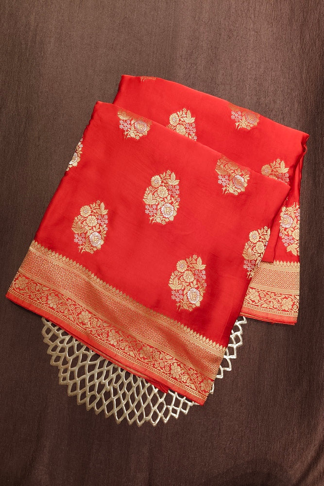 Red Semi Mashru Silk Sarees With Unstiched Blouse