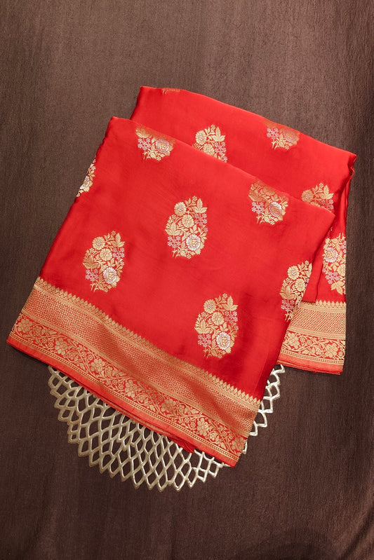 Red Semi Mashru Silk Sarees With Unstiched Blouse