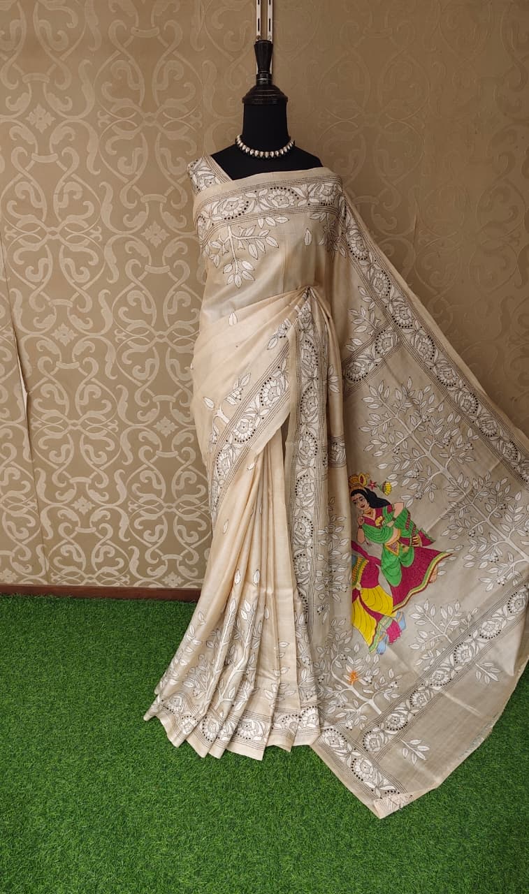 Beige Tussar embroidery saree with Kantha work border and unstitched blouse, traditional wear by Saarang Sarees.